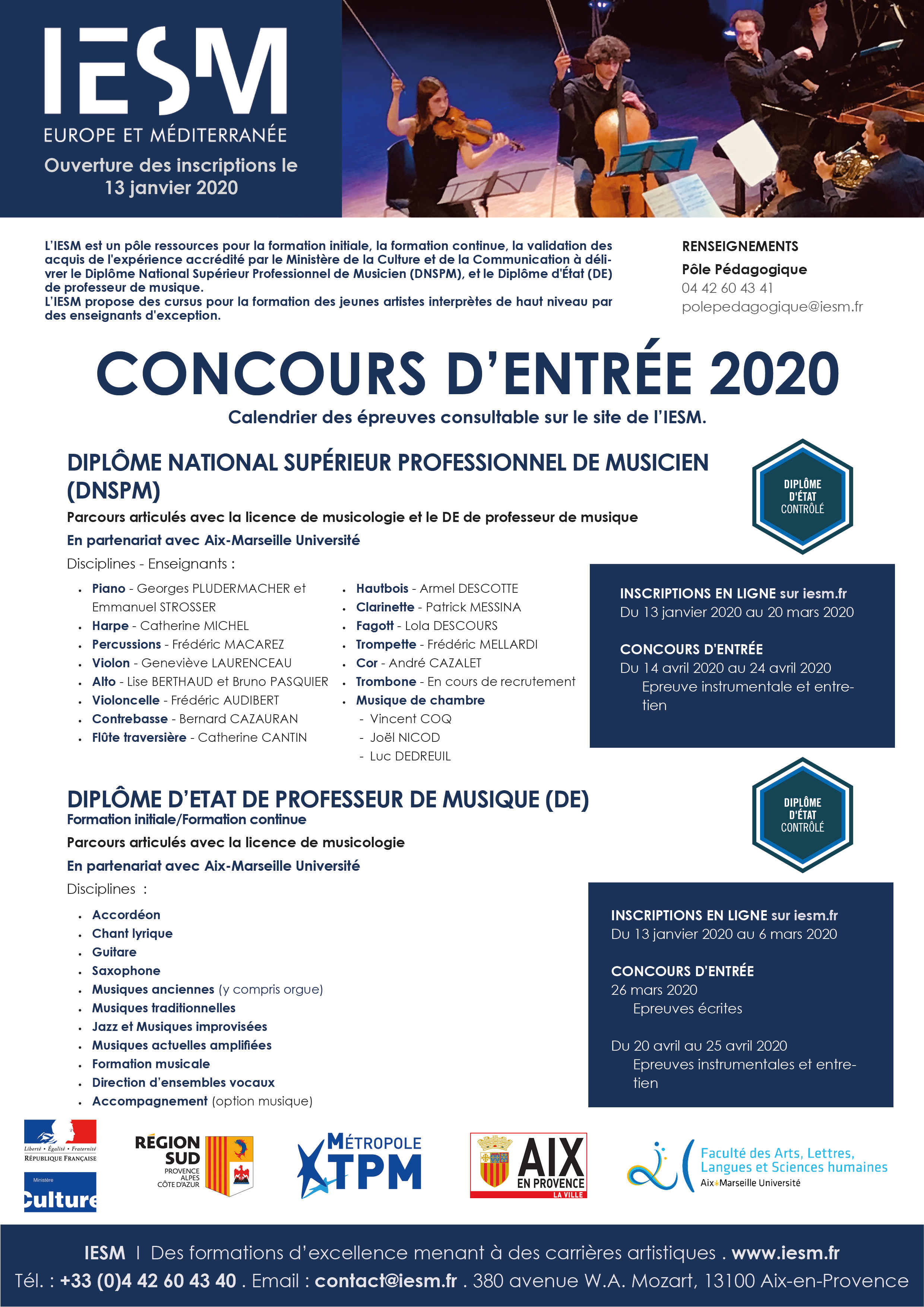 Concours d'entrée 2020 DNSPM & DE
